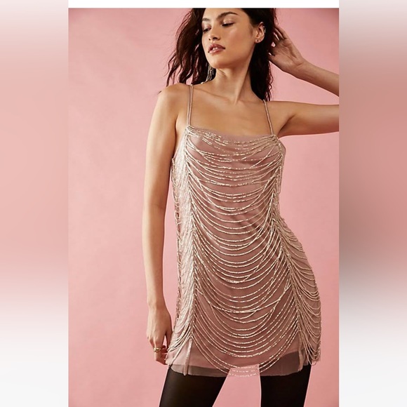 Free People Bali Starlit Beaded Draped Mesh Mini Dress